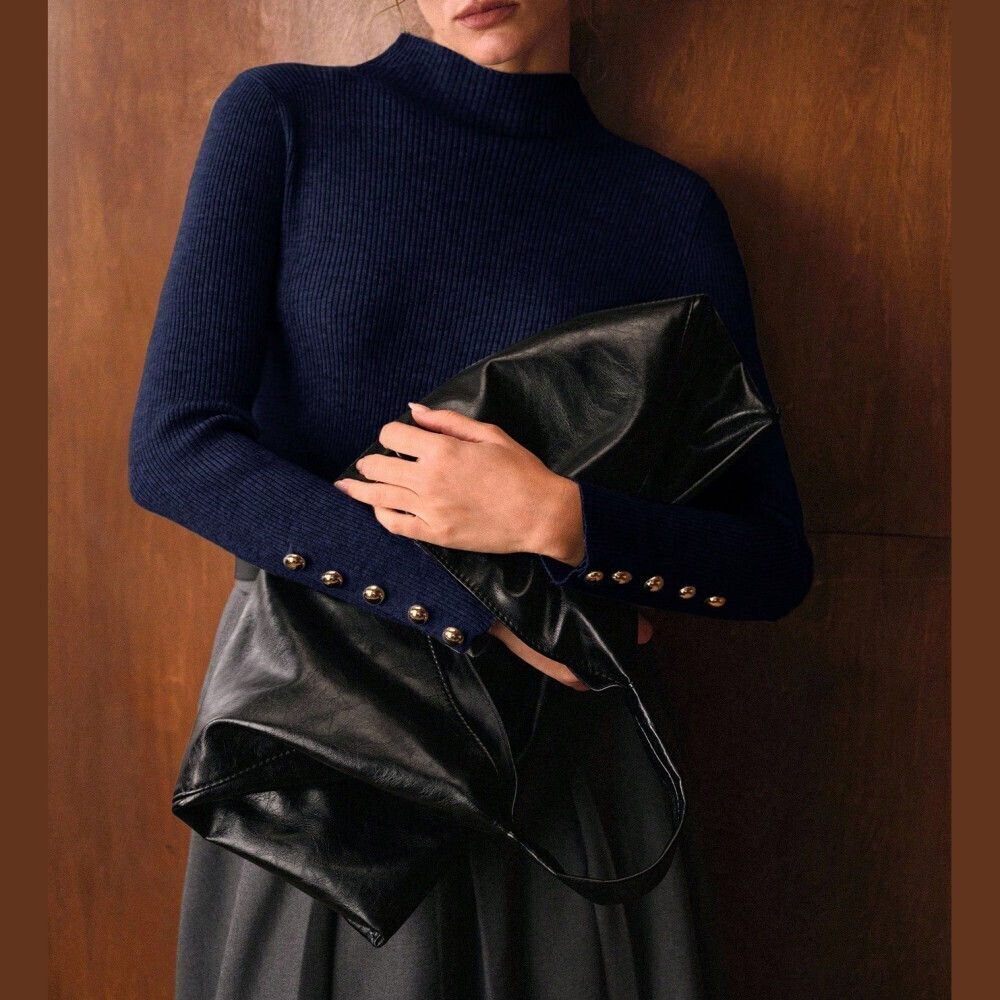 Navy Ribbed Knit Gold Button Cuff Mock Neck Sweater